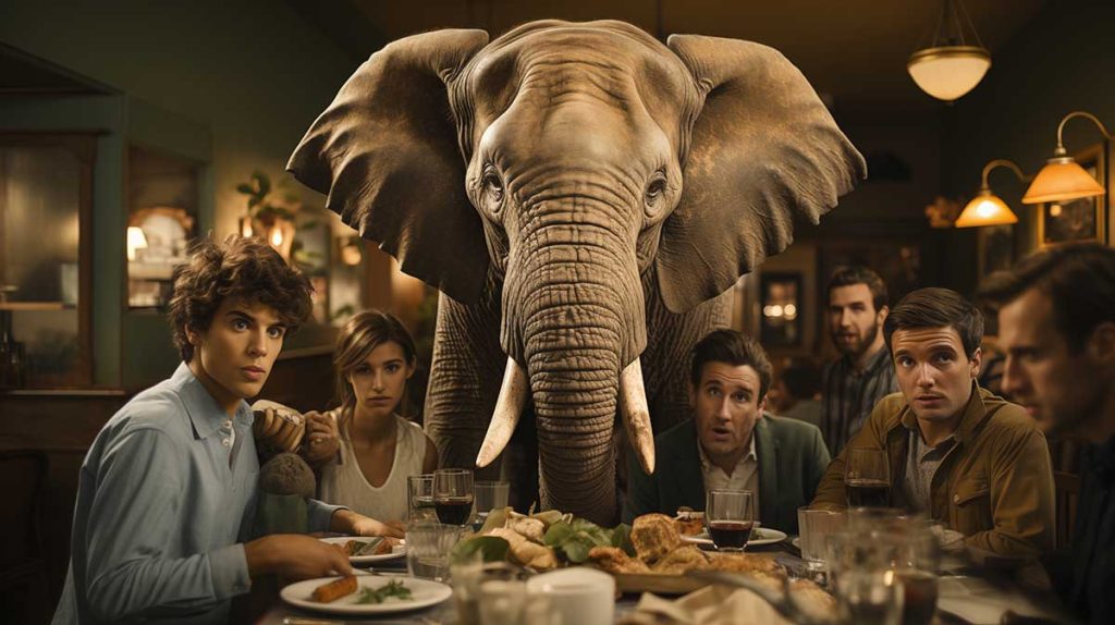 comida familiar personas sentadas a la mesa y un elefante