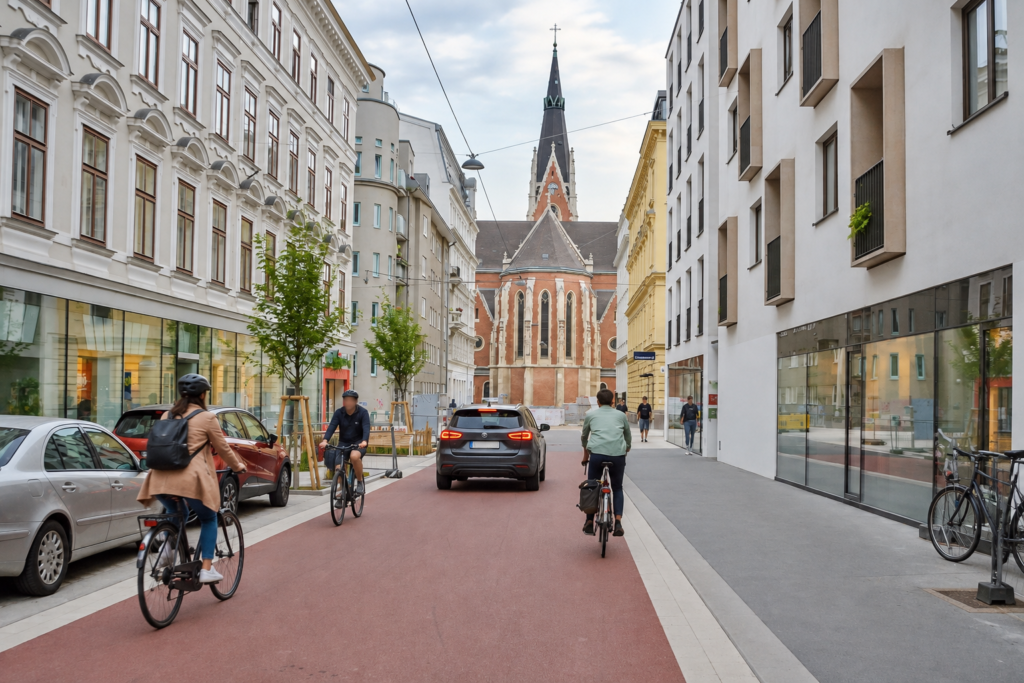 Imagen de una calle con doble sentido ciclable en Austria,